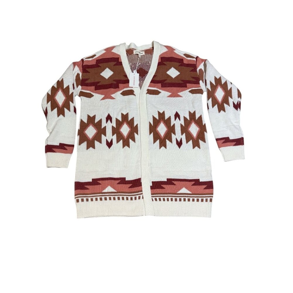 Lucky Brand Womens Aztec Print Cardigan Sweater M White & Pink Cotton Blend Open